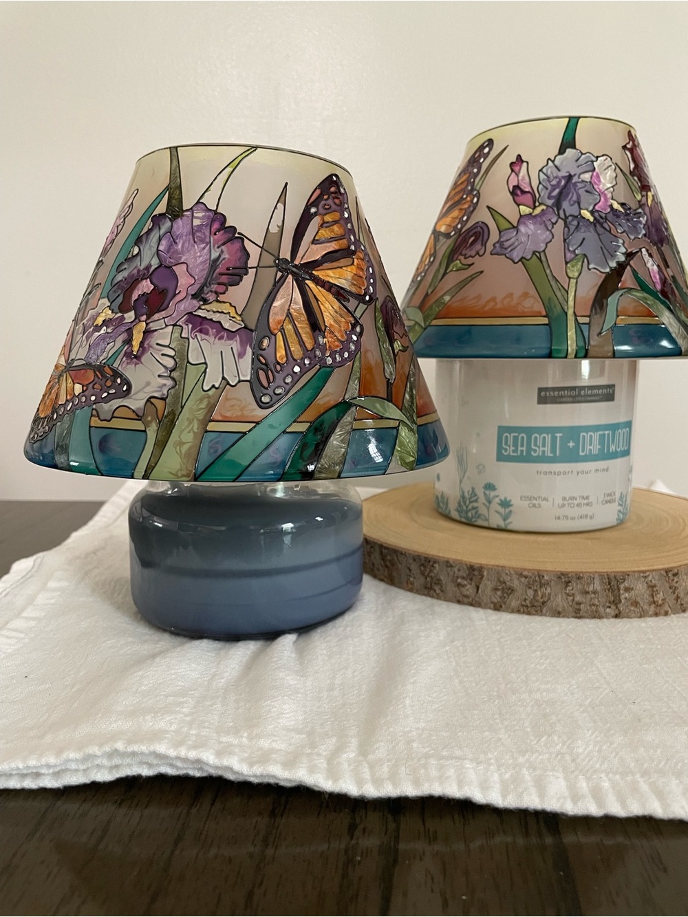 Blue Ceramic Accent Candle Lamp with Butterfly & Iris Shade
